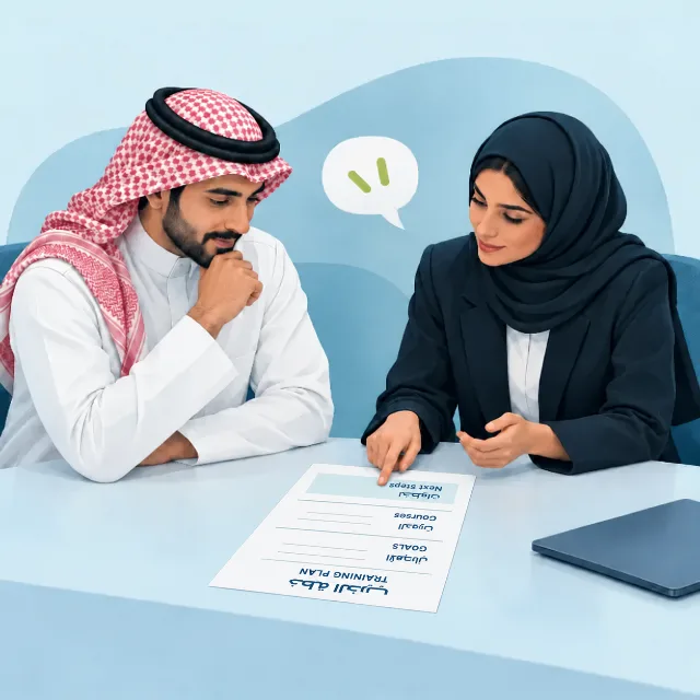 مستشارة تساعد متدربًا على مراجعة خيارات الدورات والتدريب في السلامة